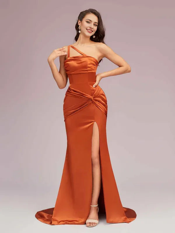 Robe de soirée sirène sexy asymétrique, fente latérale unique, en satin doux, plissée, sans manches, robe de bal